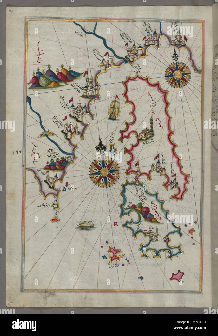 Piri Reis (Turco, 1465-1555). "Foglia dal libro sulla navigazione,' XVII - XVIII secolo. inchiostro, vernice e oro su carta. Walters Art Museum (W.658.168A): acquistato da Henry Walters. W.658.168un 1003 Piri Reis - Mappa di Cherso, Lo inj e Unije Islands - Walters W658168A - Pagina completa Foto Stock