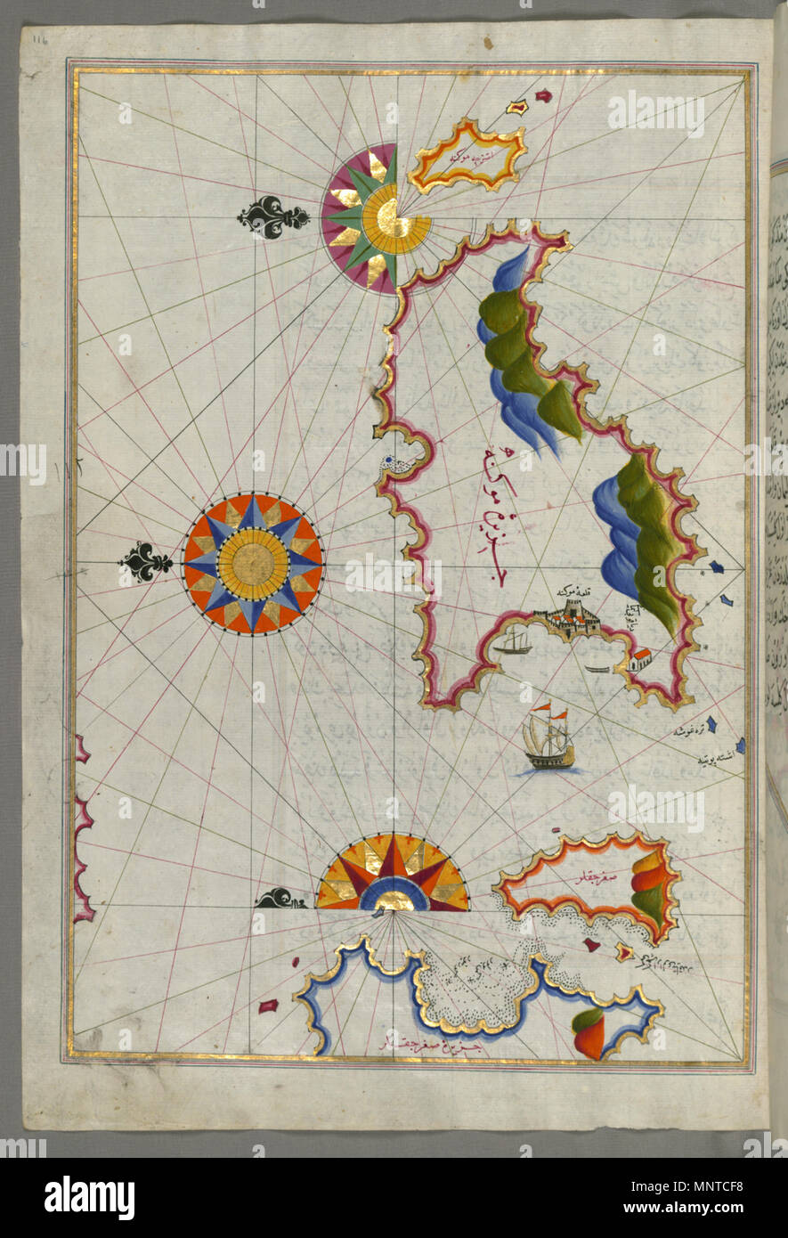 Piri Reis (Turco, 1465-1555). "Foglia dal libro sulla navigazione,' XVII - XVIII secolo. inchiostro, vernice e oro su carta. Walters Art Museum (W.658.116A): acquistato da Henry Walters. W.658.116un 1003 Piri Reis - Mappa di Mykonos isola del Mar Egeo - Walters W658116A - Pagina completa Foto Stock