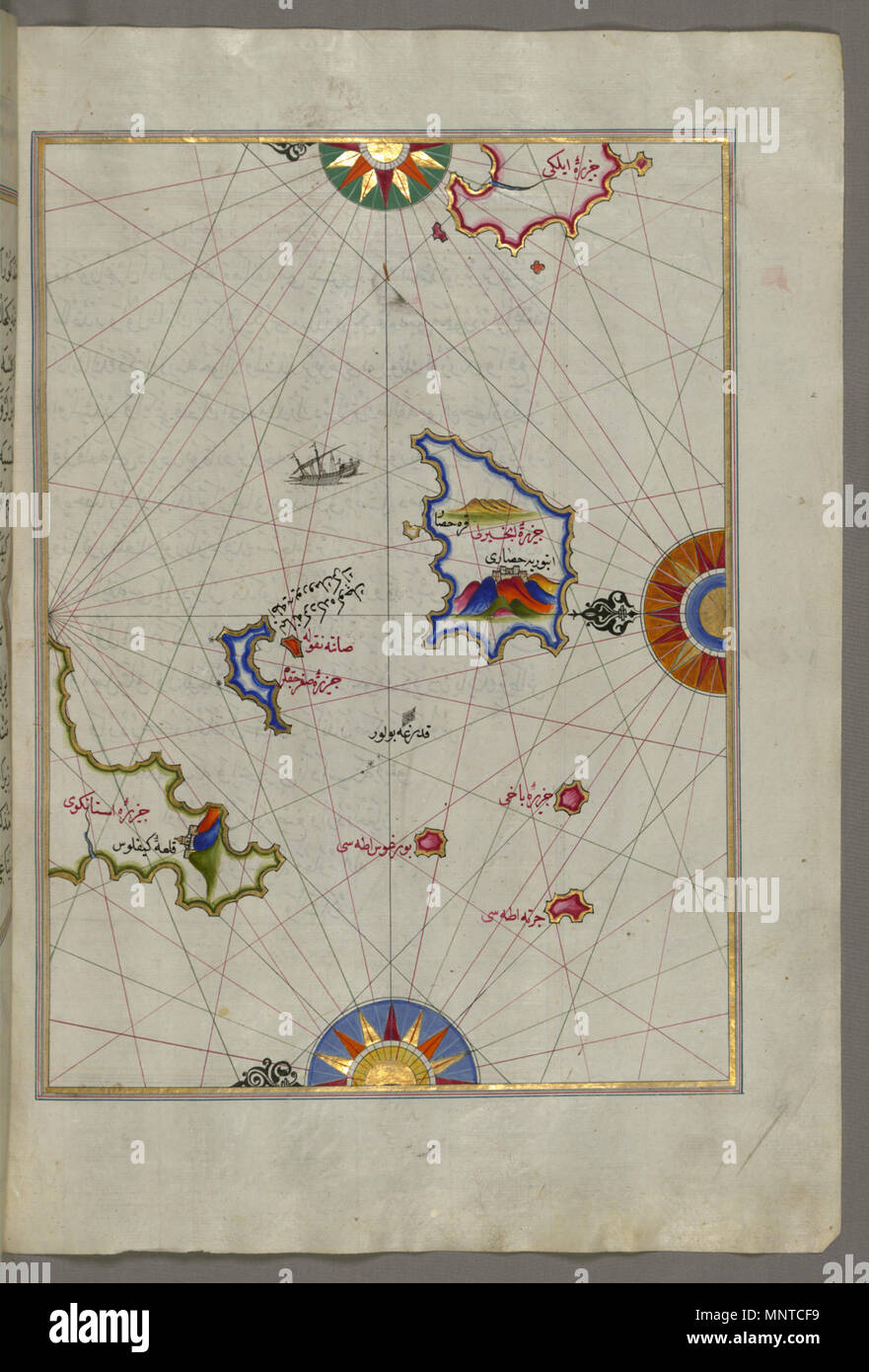 Piri Reis (Turco, 1465-1555). "Foglia dal libro sulla navigazione,' XVII - XVIII secolo. inchiostro, vernice e oro su carta. Walters Art Museum (W.658.106B): acquistato da Henry Walters. W.658.106b 1003 Piri Reis - Mappa di isola di Nissiros Sud dell isola di Cos nella zona orientale del Mare Egeo - Walters W658106B - Pagina completa Foto Stock