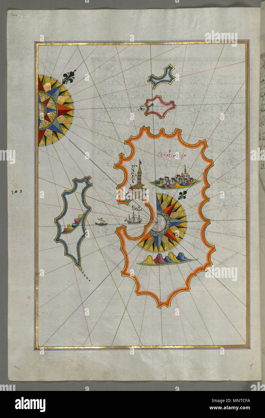 Piri Reis (Turco, 1465-1555). "Foglia dal libro sulla navigazione,' XVII - XVIII secolo. inchiostro, vernice e oro su carta. Walters Art Museum (W.658.164A): acquistato da Henry Walters. W.658.164un 1003 Piri Reis - Mappa di Premuda isola a ovest fuori l'isola di Pag - Walters W658164A - Pagina completa Foto Stock