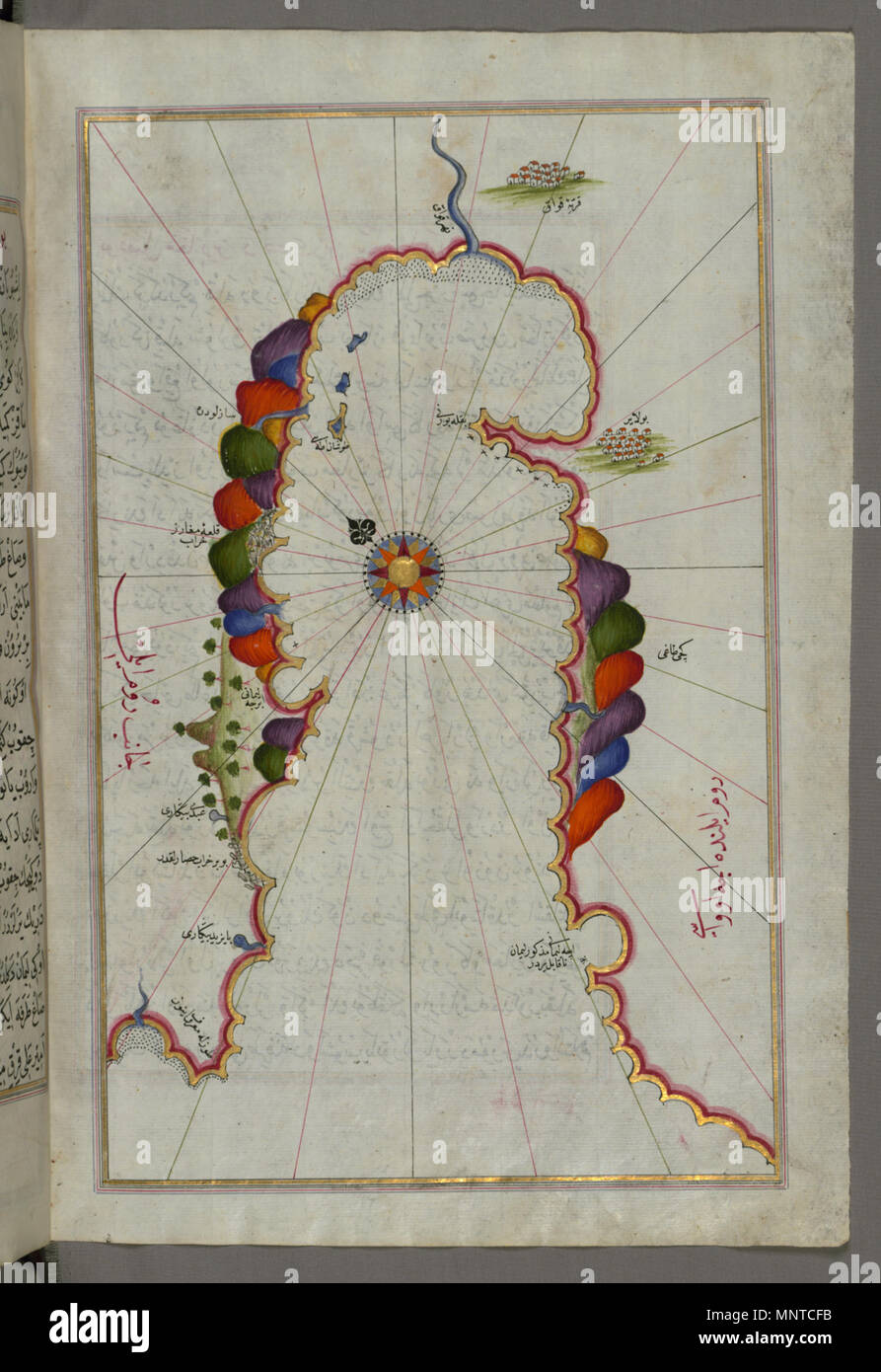 Piri Reis (Turco, 1465-1555). "Foglia dal libro sulla navigazione,' XVII - XVIII secolo. inchiostro, vernice e oro su carta. Walters Art Museum (W.658.366B): acquistato da Henry Walters. W.658.366b 1003 Piri Reis - Mappa di una parte del litorale del Mar di Marmara, con la città di Kavak - Walters W658366B - Pagina completa Foto Stock