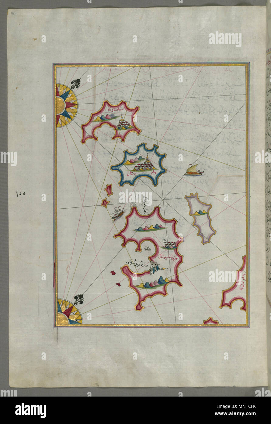 Piri Reis (Turco, 1465-1555). "Foglia dal libro sulla navigazione,' XVII - XVIII secolo. inchiostro, vernice e oro su carta. Walters Art Museum (W.658.161A): acquistato da Henry Walters. W.658.161un 1003 Piri Reis - Mappa di piccole isole a nord-ovest dell'isola di Pag - Walters W658161A - Pagina completa Foto Stock