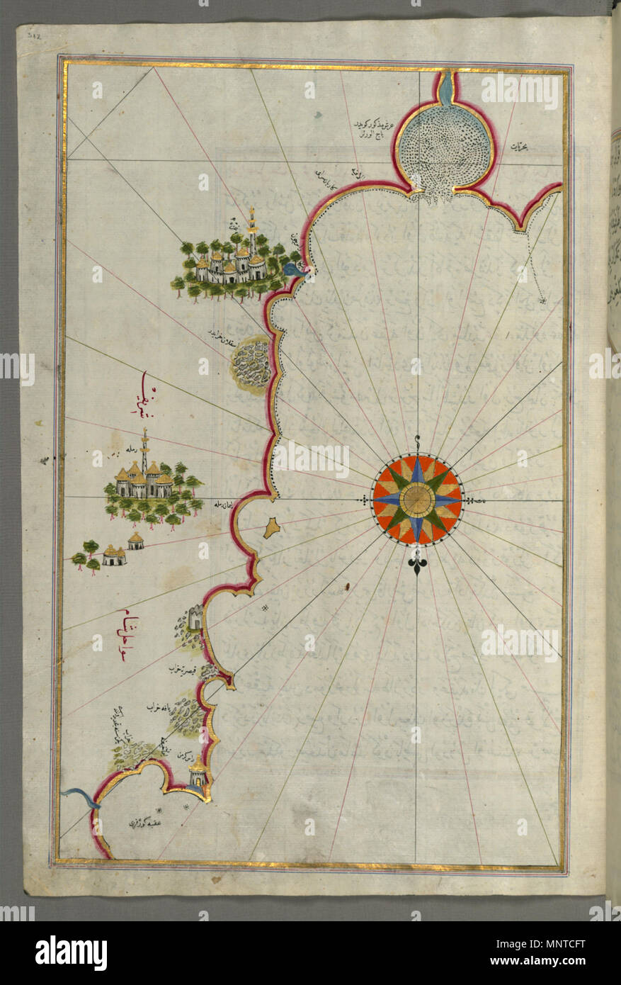 Piri Reis (Turco, 1465-1555). "Foglia dal libro sulla navigazione,' XVII - XVIII secolo. inchiostro, vernice e oro su carta. Walters Art Museum (W.658.312A): acquistato da Henry Walters. W.658.312un 1003 Piri Reis - Mappa della "Costa siriano" e la città - la striscia di Gaza e Ramlah - Walters W658312A - Pagina completa Foto Stock