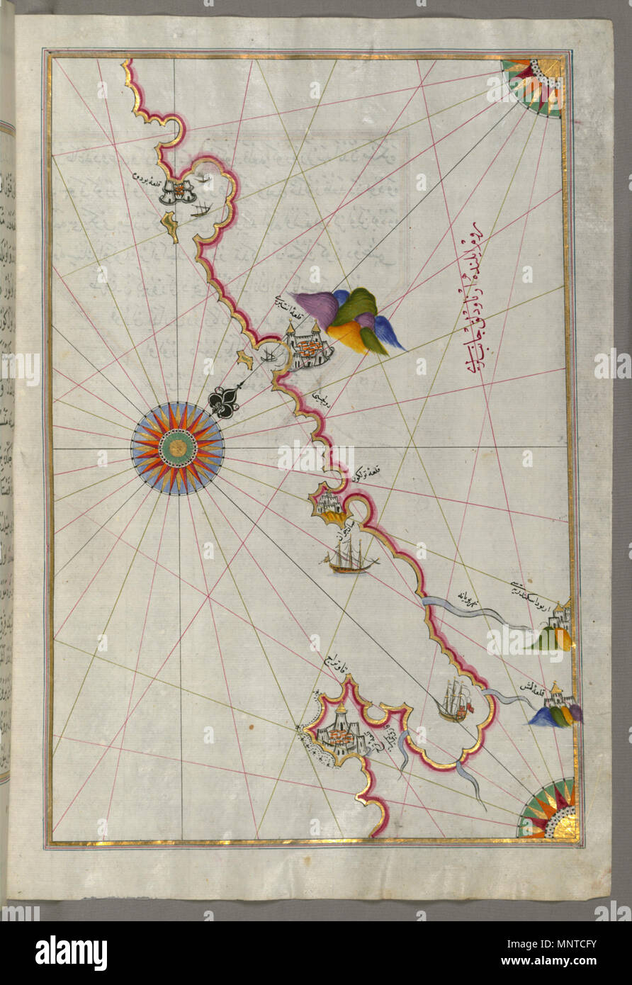 Piri Reis (Turco, 1465-1555). "Foglia dal libro sulla navigazione,' XVII - XVIII secolo. inchiostro, vernice e oro su carta. Walters Art Museum (W.658.148B): acquistato da Henry Walters. W.658.148b 1003 Piri Reis - Mappa della costa adriatica da Drac Nord di Karaburun quanto Budva - Walters W658148B - Pagina completa Foto Stock