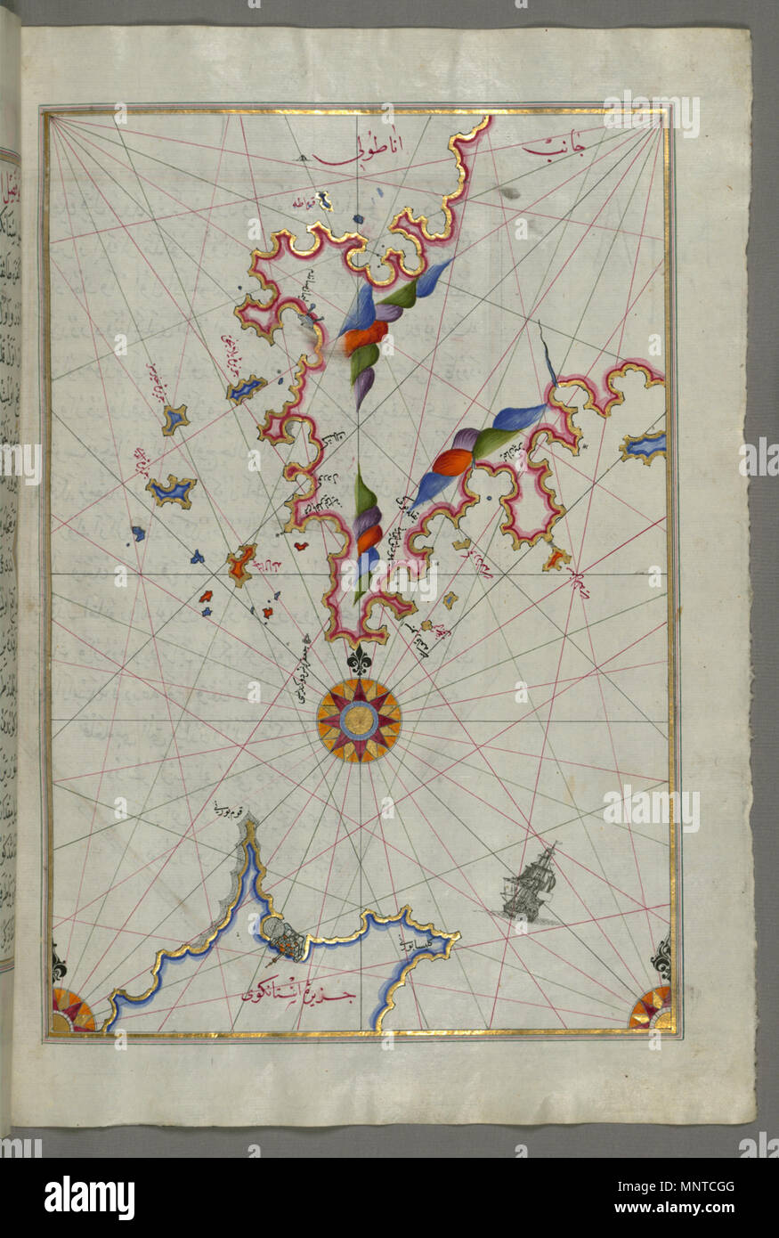 Piri Reis (Turco, 1465-1555). "Foglia dal libro sulla navigazione,' XVII - XVIII secolo. inchiostro, vernice e oro su carta. Walters Art Museum (W.658.93B): acquistato da Henry Walters. W.658.93b 1003 Piri Reis - Mappa della costa anatolica rivolta verso l'isola di Cos - Walters W65893B - Pagina completa Foto Stock