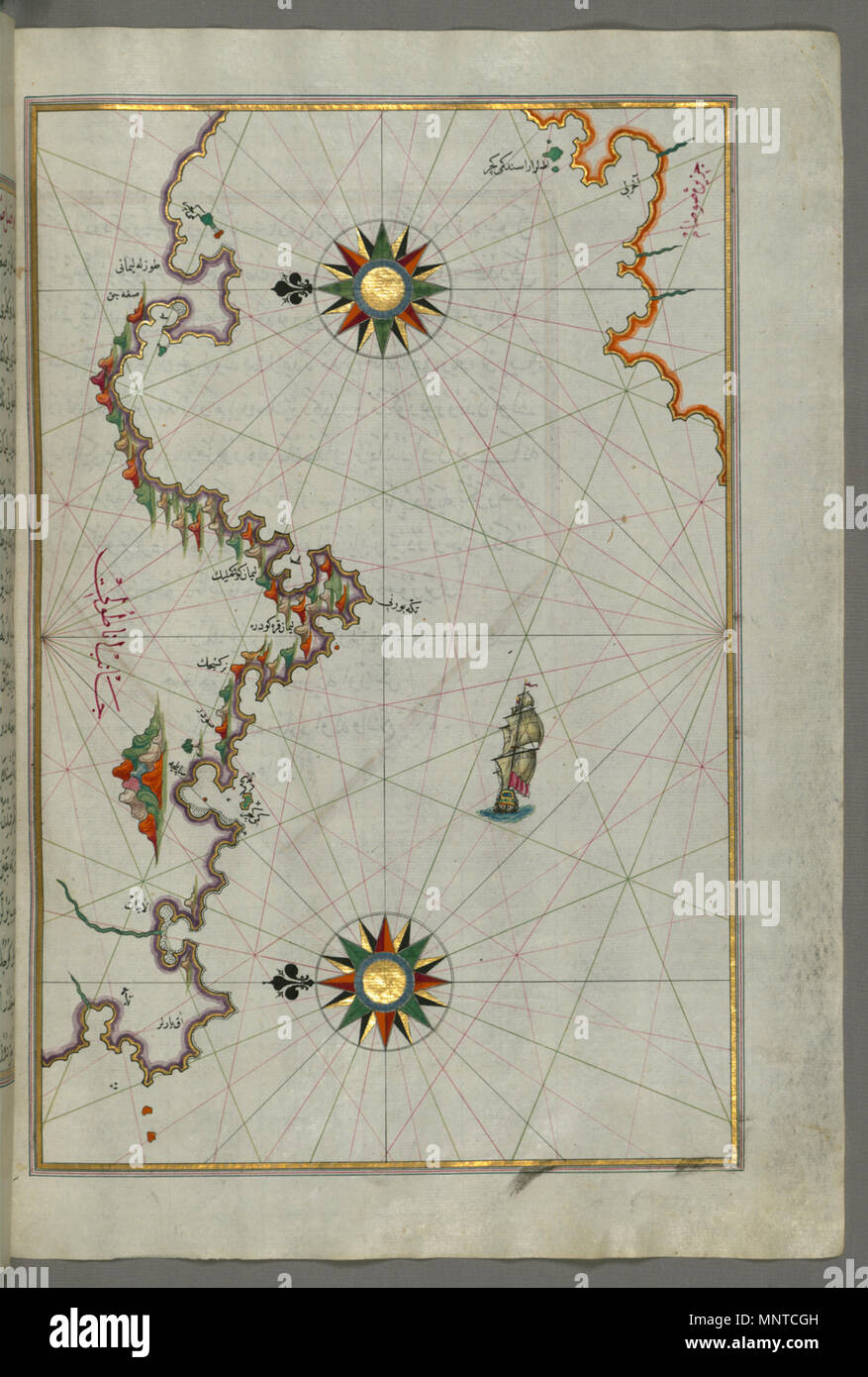 Piri Reis (Turco, 1465-1555). "Foglia dal libro sulla navigazione,' XVII - XVIII secolo. inchiostro, vernice e oro su carta. Walters Art Museum (W.658.75B): acquistato da Henry Walters. W.658.75b 1003 Piri Reis - Mappa della costa anatolica rivolta verso l'isola di Samos - Walters W65875B - Pagina completa Foto Stock