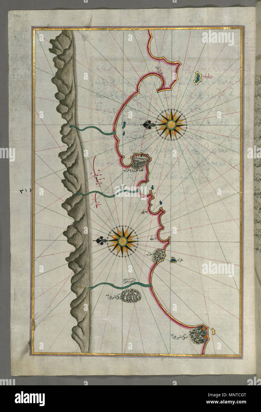 Piri Reis (Turco, 1465-1555). "Foglia dal libro sulla navigazione,' XVII - XVIII secolo. inchiostro, vernice e oro su carta. Walters Art Museum (W.658.326A): acquistato da Henry Walters. W.658.326un 1003 Piri Reis - Mappa della costa anatolica da Silfke a Anamur - Walters W658326A - Pagina completa Foto Stock