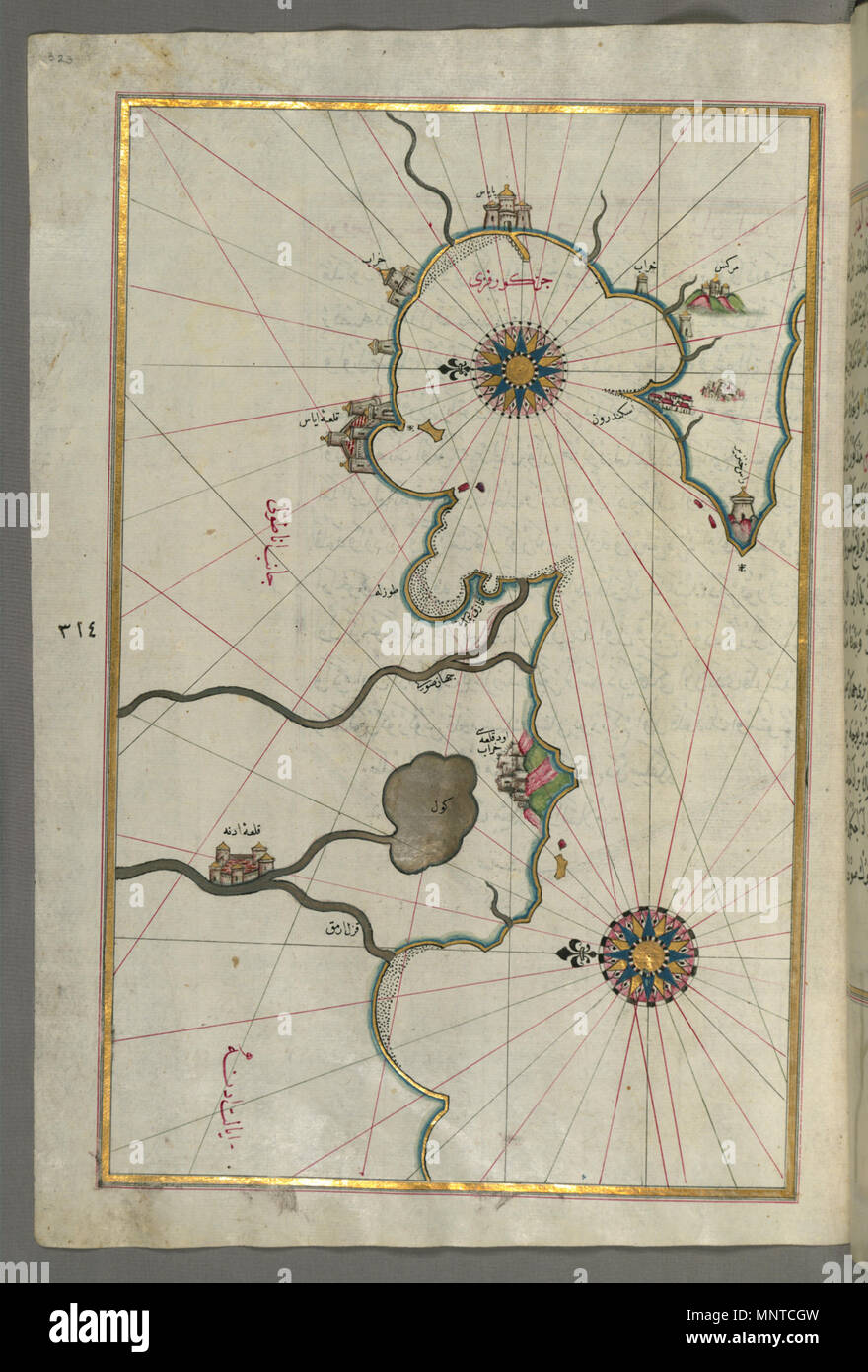 Piri Reis (Turco, 1465-1555). "Foglia dal libro sulla navigazione,' XVII - XVIII secolo. inchiostro, vernice e oro su carta. Walters Art Museum (W.658.323A): acquistato da Henry Walters. W.658.323un 1003 Piri Reis - Mappa della costa anatolica, la città di Iskenderun come lontano come le rive di Adana - Walters W658323A - Pagina completa Foto Stock