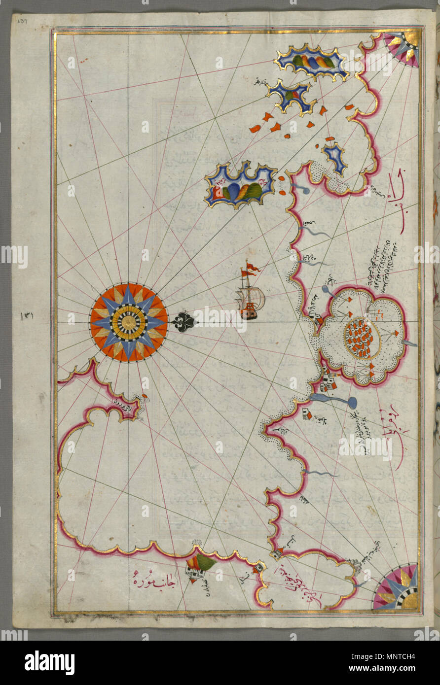 Piri Reis (Turco, 1465-1555). "Foglia dal libro sulla navigazione,' XVII - XVIII secolo. inchiostro, vernice e oro su carta. Walters Art Museum (W.658.137A): acquistato da Henry Walters. W.658.137un 1003 Piri Reis - Mappa del golfo di Corinto - Walters W658137A - Pagina completa Foto Stock