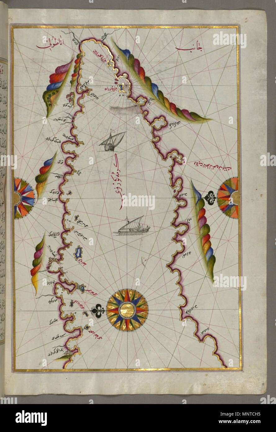 Piri Reis (Turco, 1465-1555). "Foglia dal libro sulla navigazione,' XVII - XVIII secolo. inchiostro, vernice e oro su carta. Walters Art Museum (W.658.97B): acquistato da Henry Walters. W.658.97b 1003 Piri Reis - Mappa della baia di Kerme Est dell isola di Cos - Walters W65897B - Pagina completa Foto Stock