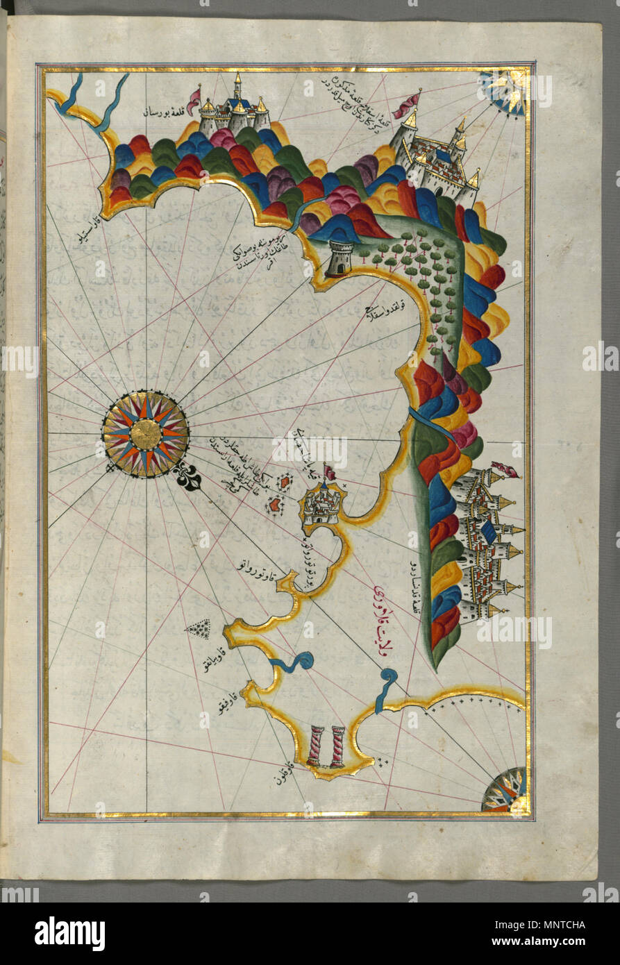 Piri Reis (Turco, 1465-1555). "Foglia dal libro sulla navigazione,' XVII - XVIII secolo. inchiostro, vernice e oro su carta. Walters Art Museum (W.658.212B): acquistato da Henry Walters. W.658.212b 1003 Piri Reis - Mappa della costa calabrese da Catanzaro a Siquillace - Walters W658212B - Pagina completa Foto Stock