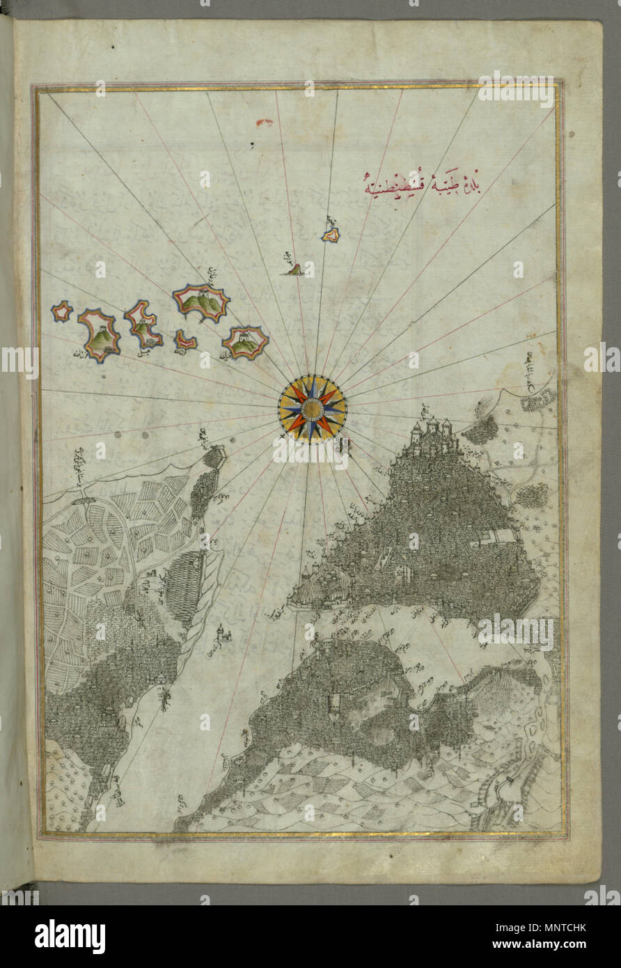 Piri Reis (Turco, 1465-1555). "Foglia dal libro sulla navigazione,' XVII - XVIII secolo. inchiostro, vernice e oro su carta. Walters Art Museum (W.658.370B): acquistato da Henry Walters. W.658.370b 1003 Piri Reis - Mappa della città di Costantinopoli - Walters W658370B - Pagina completa Foto Stock
