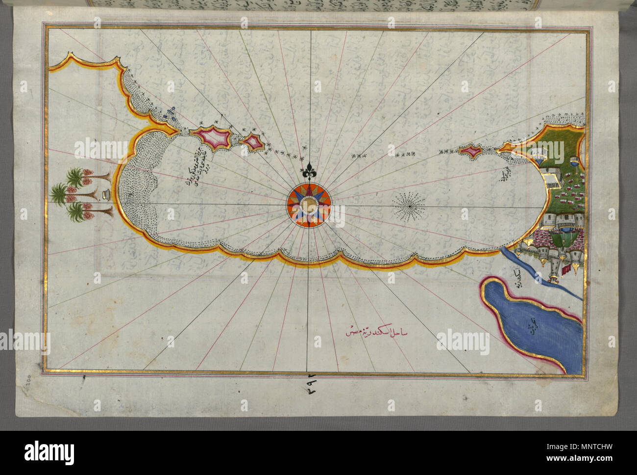 Piri Reis (Turco, 1465-1555). "Foglia dal libro sulla navigazione,' XVII - XVIII secolo. inchiostro, vernice e oro su carta. Walters Art Museum (W.658.300A): acquistato da Henry Walters. W.658.300un 1003 Piri Reis - Mappa della costa di Alessandria che mostra una porzione della stessa città - Walters W658300A - Pagina completa Foto Stock