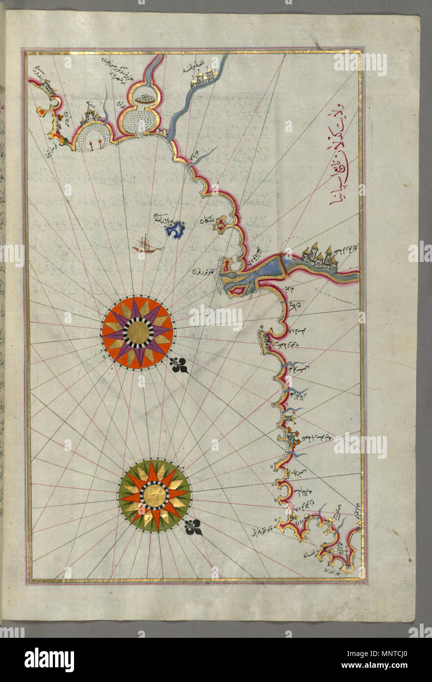 Piri Reis (Turco, 1465-1555). "Foglia dal libro sulla navigazione,' XVII - XVIII secolo. inchiostro, vernice e oro su carta. Walters Art Museum (W.658.257B): acquistato da Henry Walters. W.658.257b 1003 Piri Reis - Mappa della costa di Catalogna con i porti di Barcellona e Tarragona - Walters W658257B - Pagina completa Foto Stock