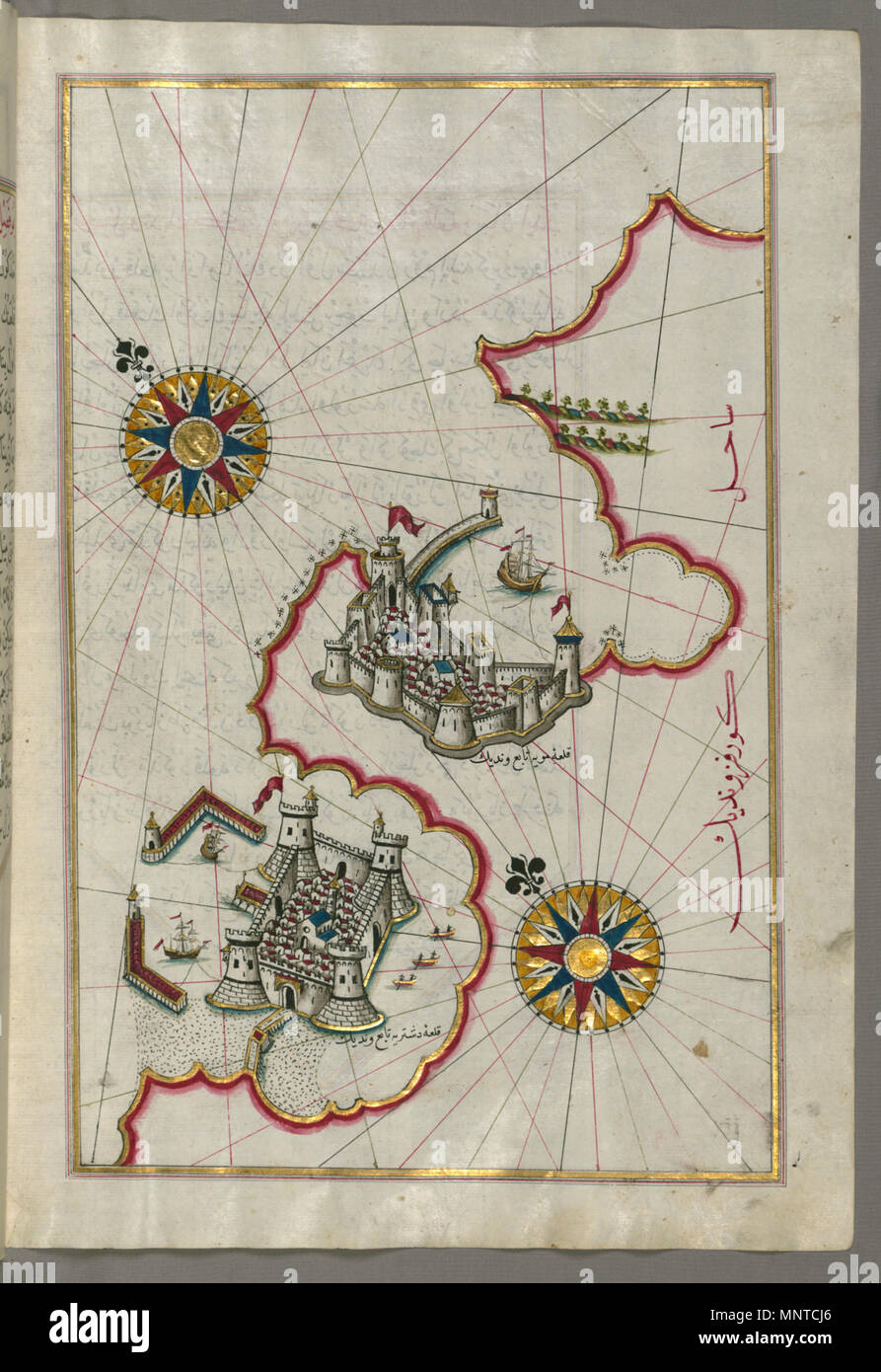 Piri Reis (Turco, 1465-1555). "Foglia dal libro sulla navigazione,' XVII - XVIII secolo. inchiostro, vernice e oro su carta. Walters Art Museum (W.658.180B): acquistato da Henry Walters. W.658.180b 1003 Piri Reis - Mappa della costa tra le città di Capodistria e Muggia - Walters W658180B - Pagina completa Foto Stock