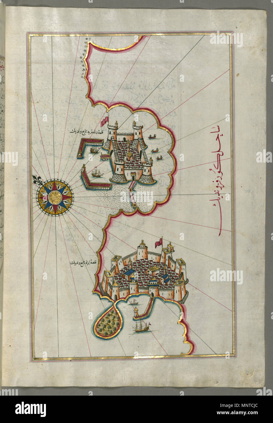 Piri Reis (Turco, 1465-1555). "Foglia dal libro sulla navigazione,' XVII - XVIII secolo. inchiostro, vernice e oro su carta. Walters Art Museum (W.658.179B): acquistato da Henry Walters. W.658.179b 1003 Piri Reis - Mappa della costa da Izola come lontano come Koper - Walters W658179B - Pagina completa Foto Stock