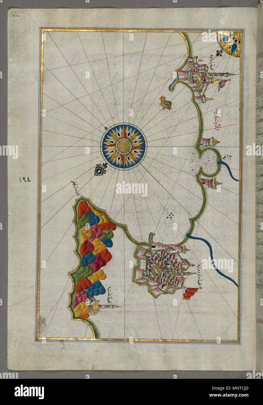 Piri Reis (Turco, 1465-1555). "Foglia dal libro sulla navigazione,' XVII - XVIII secolo. inchiostro, vernice e oro su carta. Walters Art Museum (W.658.200A): acquistato da Henry Walters. W.658.200un 1003 Piri Reis - Mappa della costa da Mafredonia quanto Barletta sulla costa italiana - Walters W658200A - Pagina completa Foto Stock