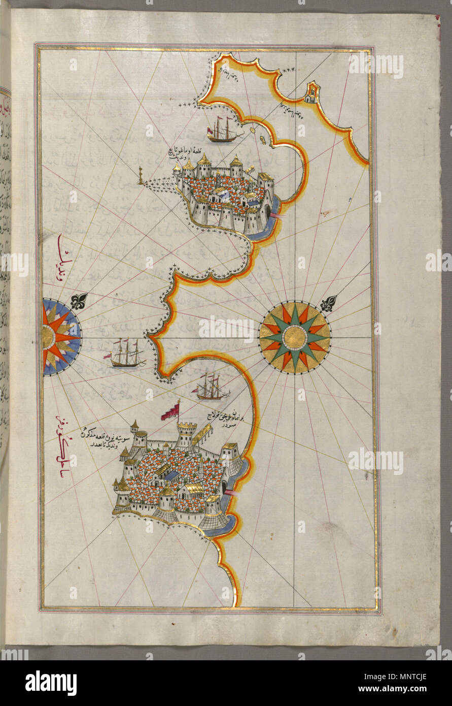 Piri Reis (Turco, 1465-1555). "Foglia dal libro sulla navigazione,' XVII - XVIII secolo. inchiostro, vernice e oro su carta. Walters Art Museum (W.658.176B): acquistato da Henry Walters. W.658.176b 1003 Piri Reis - Mappa del litorale da Novi Grad per quanto Umag - Walters W658176B - Pagina completa Foto Stock