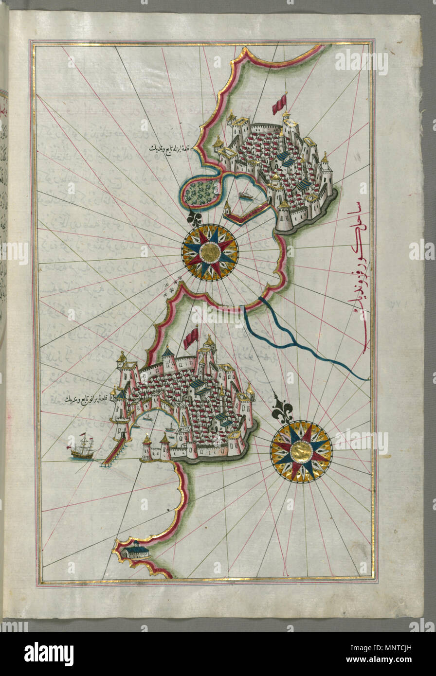 Piri Reis (Turco, 1465-1555). "Foglia dal libro sulla navigazione,' XVII - XVIII secolo. inchiostro, vernice e oro su carta. Walters Art Museum (W.658.178B): acquistato da Henry Walters. W.658.178b 1003 Piri Reis - Mappa del litorale da Pirano quanto Izola - Walters W658178B - Pagina completa Foto Stock