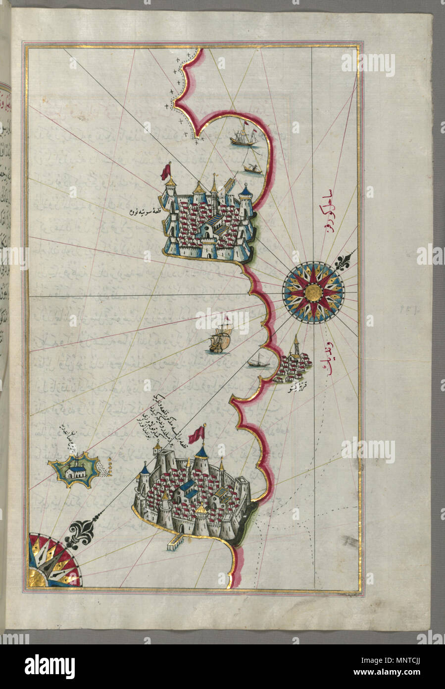 Piri Reis (Turco, 1465-1555). "Foglia dal libro sulla navigazione,' XVII - XVIII secolo. inchiostro, vernice e oro su carta. Walters Art Museum (W.658.175B): acquistato da Henry Walters. W.658.175b 1003 Piri Reis - Mappa della costa da Porec come lontano come Novi Grad - Walters W658175B - Pagina completa Foto Stock