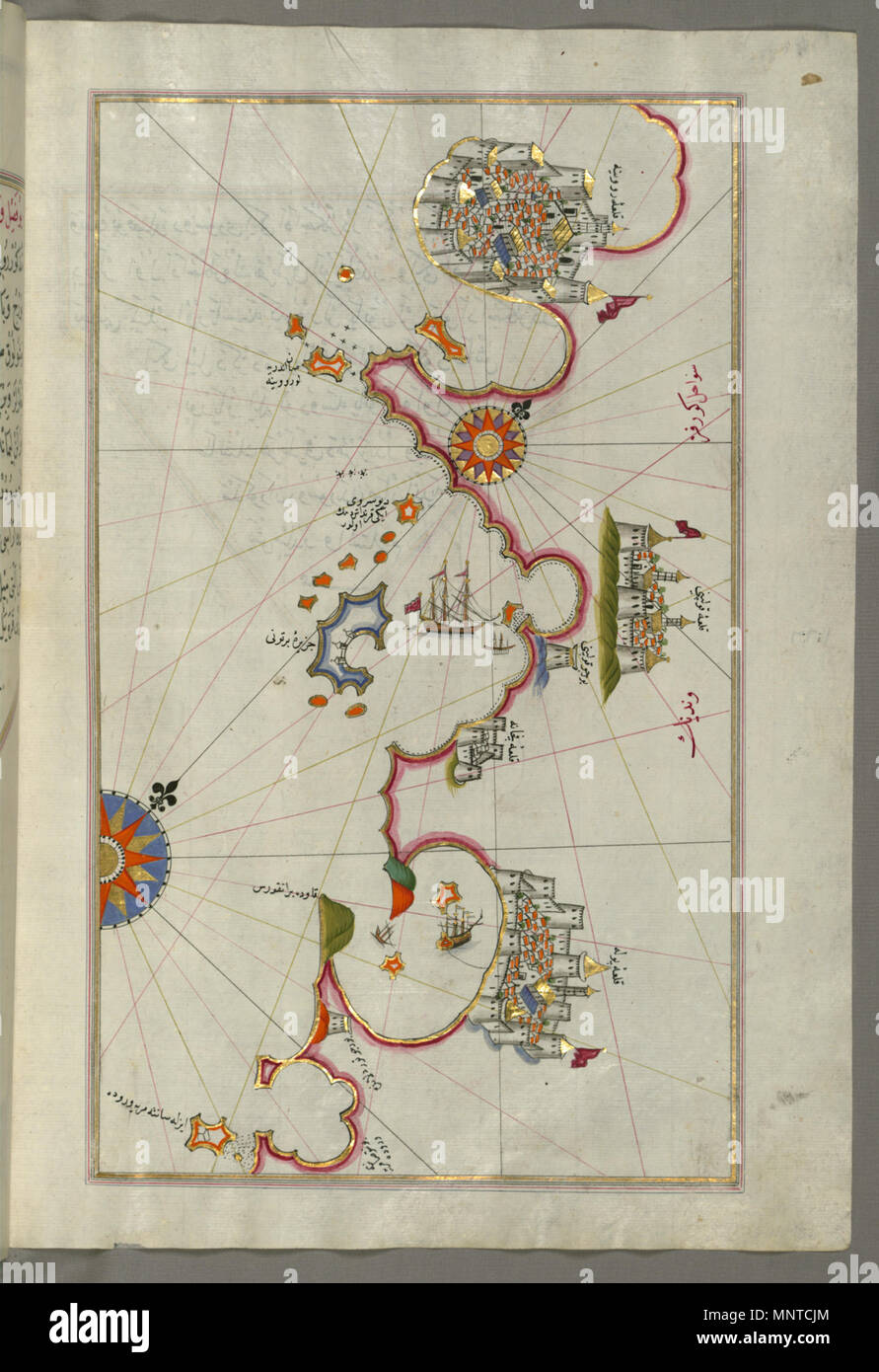 Piri Reis (Turco, 1465-1555). "Foglia dal libro sulla navigazione,' XVII - XVIII secolo. inchiostro, vernice e oro su carta. Walters Art Museum (W.658.172B): acquistato da Henry Walters. W.658.172b 1003 Piri Reis - Mappa del litorale da Pula a Rovigno - Walters W658172B - Pagina completa Foto Stock
