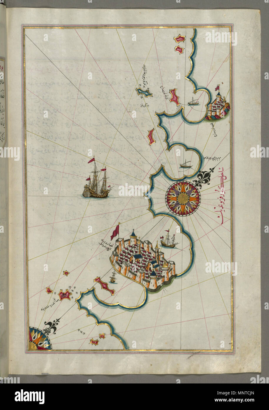 Piri Reis (Turco, 1465-1555). "Foglia dal libro sulla navigazione,' XVII - XVIII secolo. inchiostro, vernice e oro su carta. Walters Art Museum (W.658.173B): acquistato da Henry Walters. W.658.173b 1003 Piri Reis - Mappa del litorale da Rovigno Nord - Walters W658173B - Pagina completa Foto Stock