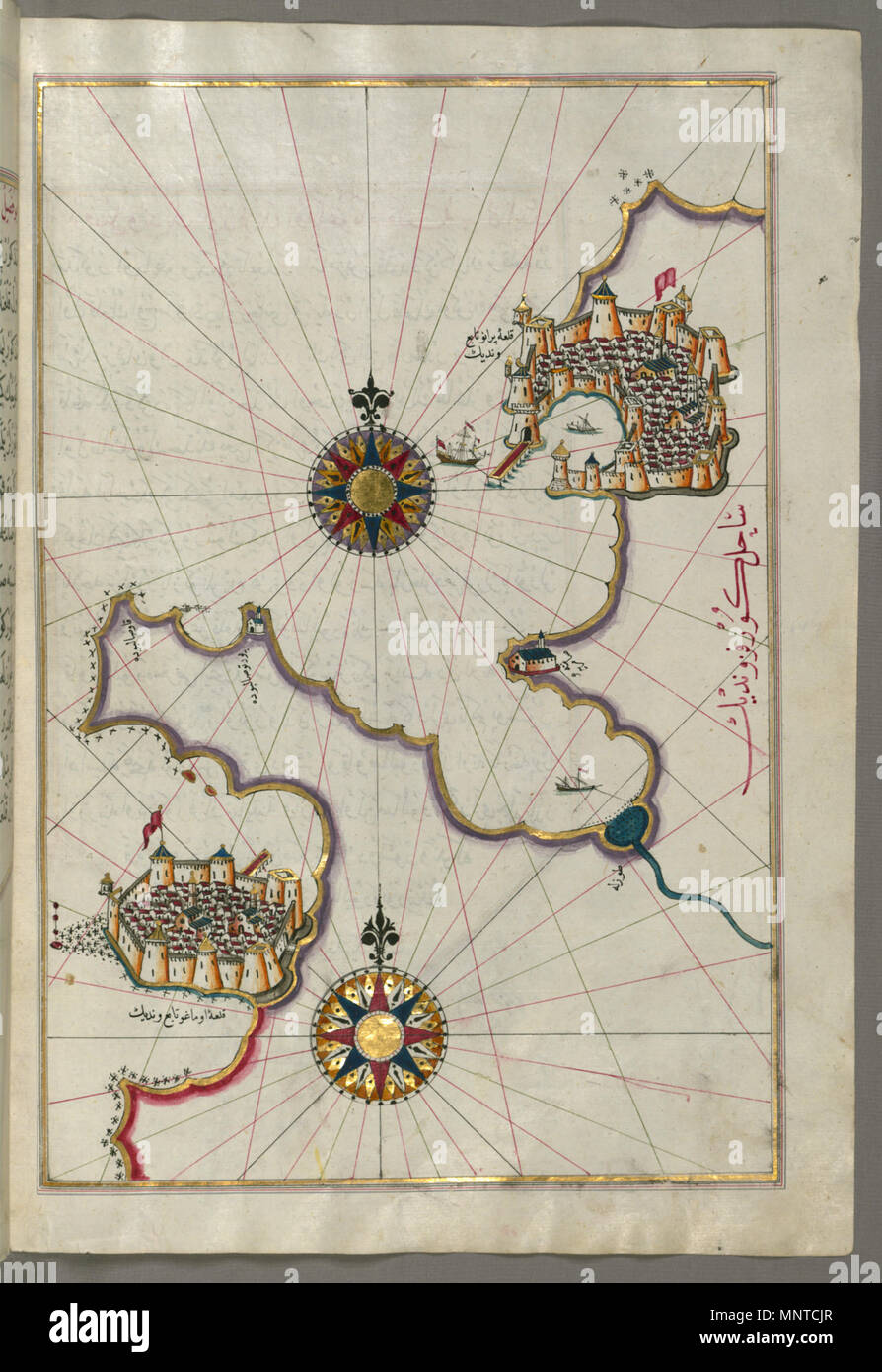 Piri Reis (Turco, 1465-1555). "Foglia dal libro sulla navigazione,' XVII - XVIII secolo. inchiostro, vernice e oro su carta. Walters Art Museum (W.658.177B): acquistato da Henry Walters. W.658.177b 1003 Piri Reis - Mappa della costa da Umago per quanto Pirano - Walters W658177B - Pagina completa Foto Stock