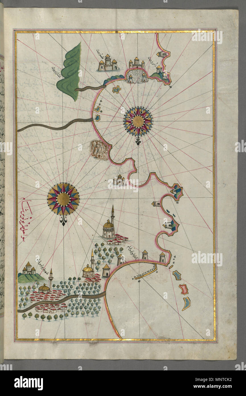 Piri Reis (Turco, 1465-1555). "Foglia dal libro sulla navigazione,' XVII - XVIII secolo. inchiostro, vernice e oro su carta. Walters Art Museum (W.658.317B): acquistato da Henry Walters. W.658.317b 1003 Piri Reis - Mappa del Mediterraneo orientale e la città di Tripoli - Walters W658317B - Pagina completa Foto Stock