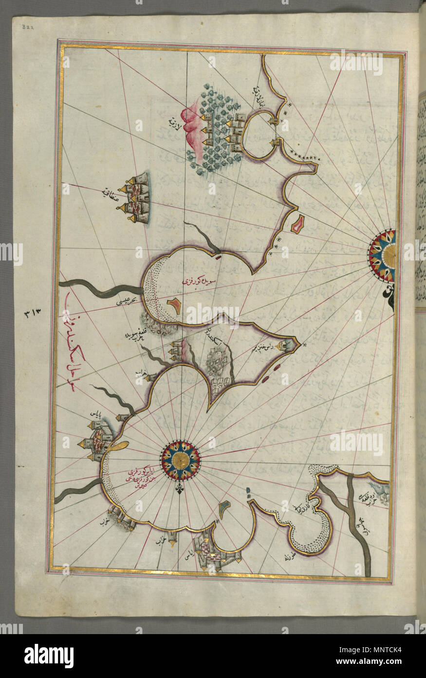 Piri Reis (Turco, 1465-1555). "Foglia dal libro sulla navigazione,' XVII - XVIII secolo. inchiostro, vernice e oro su carta. Walters Art Museum (W.658.322A): acquistato da Henry Walters. W.658.322un 1003 Piri Reis - Mappa del Mediterraneo orientale e la città di Laodicea e Antakya - Walters W658322A - Pagina completa Foto Stock