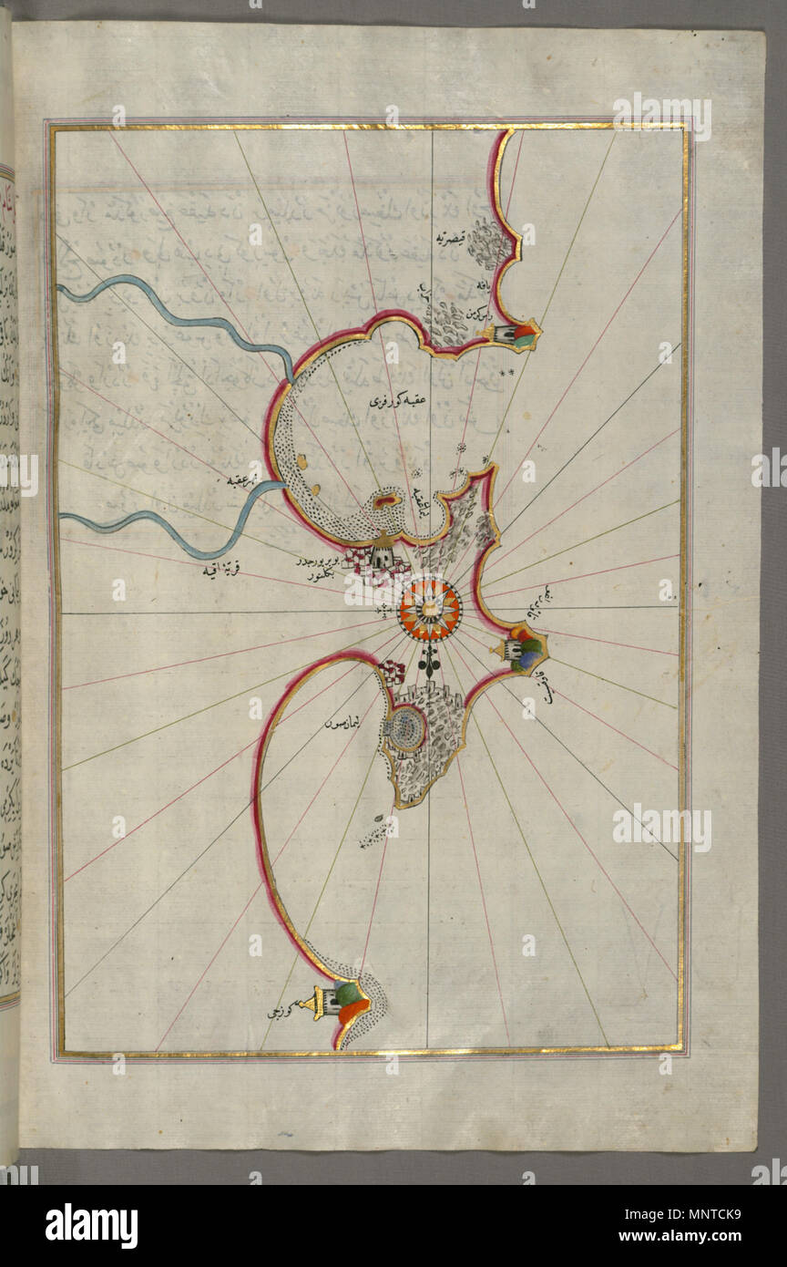 Piri Reis (Turco, 1465-1555). "Foglia dal libro sulla navigazione,' XVII - XVIII secolo. inchiostro, vernice e oro su carta. Walters Art Museum (W.658.313B): acquistato da Henry Walters. W.658.313b 1003 Piri Reis - Mappa del Mediterraneo orientale costa con le città di Jaffa e Cesarea - Walters W658313B - Pagina completa Foto Stock