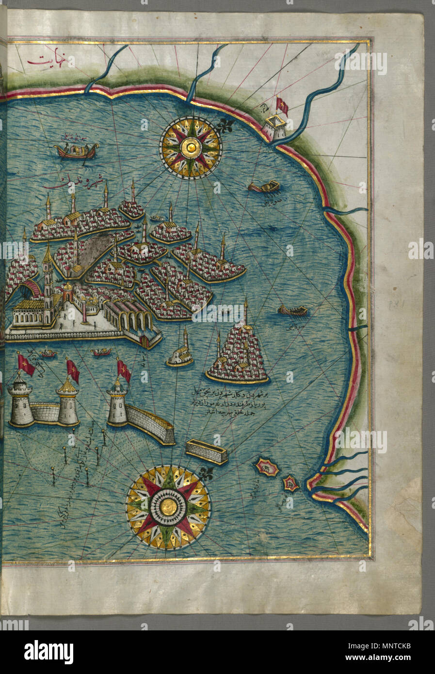 Piri Reis (Turco, 1465-1555). "Foglia dal libro sulla navigazione,' XVII - XVIII secolo. inchiostro, vernice e oro su carta. Walters Art Museum (W.658.185B): acquistato da Henry Walters. W.658.185b 1003 Piri Reis - Mappa della parte orientale della città di Venezia - Città di Venezia - Walters W658185B - Pagina completa Foto Stock