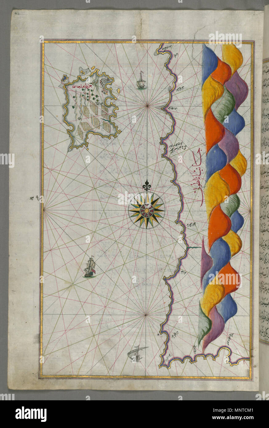 Piri Reis (Turco, 1465-1555). "Foglia dal libro sulla navigazione,' XVII - XVIII secolo. inchiostro, vernice e oro su carta. Walters Art Museum (W.658.43a): acquistato da Henry Walters. W.658.43a 1004 Piri Reis - Mappa dell'isola di Bozjah (Tenedos) al largo della costa di Anatolia - Walters W65843A - Pagina completa Foto Stock