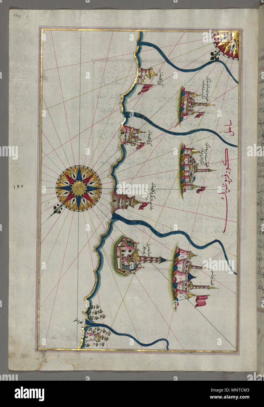 Piri Reis (Turco, 1465-1555). "Foglia dal libro sulla navigazione,' XVII - XVIII secolo. inchiostro, vernice e oro su carta. Walters Art Museum (W.658.193A): acquistato da Henry Walters. W.658.193un 1004 Piri Reis - Mappa delle fortezze e località a sud di Ancona, compresi Loreto - Walters W658193A - Pagina completa Foto Stock