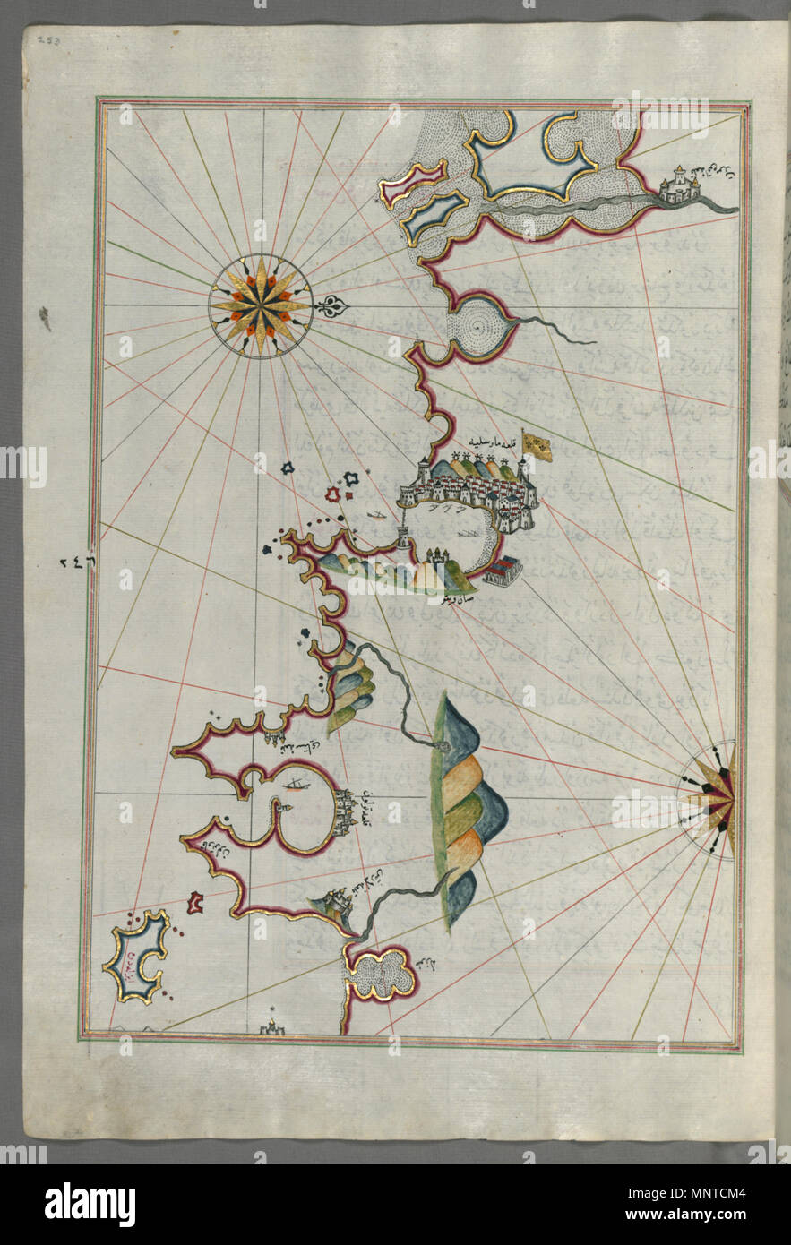 Piri Reis (Turco, 1465-1555). "Foglia dal libro sulla navigazione,' XVII - XVIII secolo. inchiostro, vernice e oro su carta. Walters Art Museum (W.658.253A): acquistato da Henry Walters. W.658.253un 1004 Piri Reis - Mappa della costa francese intorno a Marsiglia - Walters W658253A - Pagina completa Foto Stock