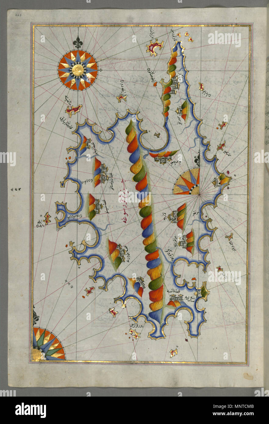 Piri Reis (Turco, 1465-1555). "Foglia dal libro sulla navigazione,' XVII - XVIII secolo. inchiostro, vernice e oro su carta. Walters Art Museum (W.658.229A): acquistato da Henry Walters. W.658.229un 1004 Piri Reis - Mappa dell'Isola di Corsica - Walters W658229A - Pagina completa Foto Stock