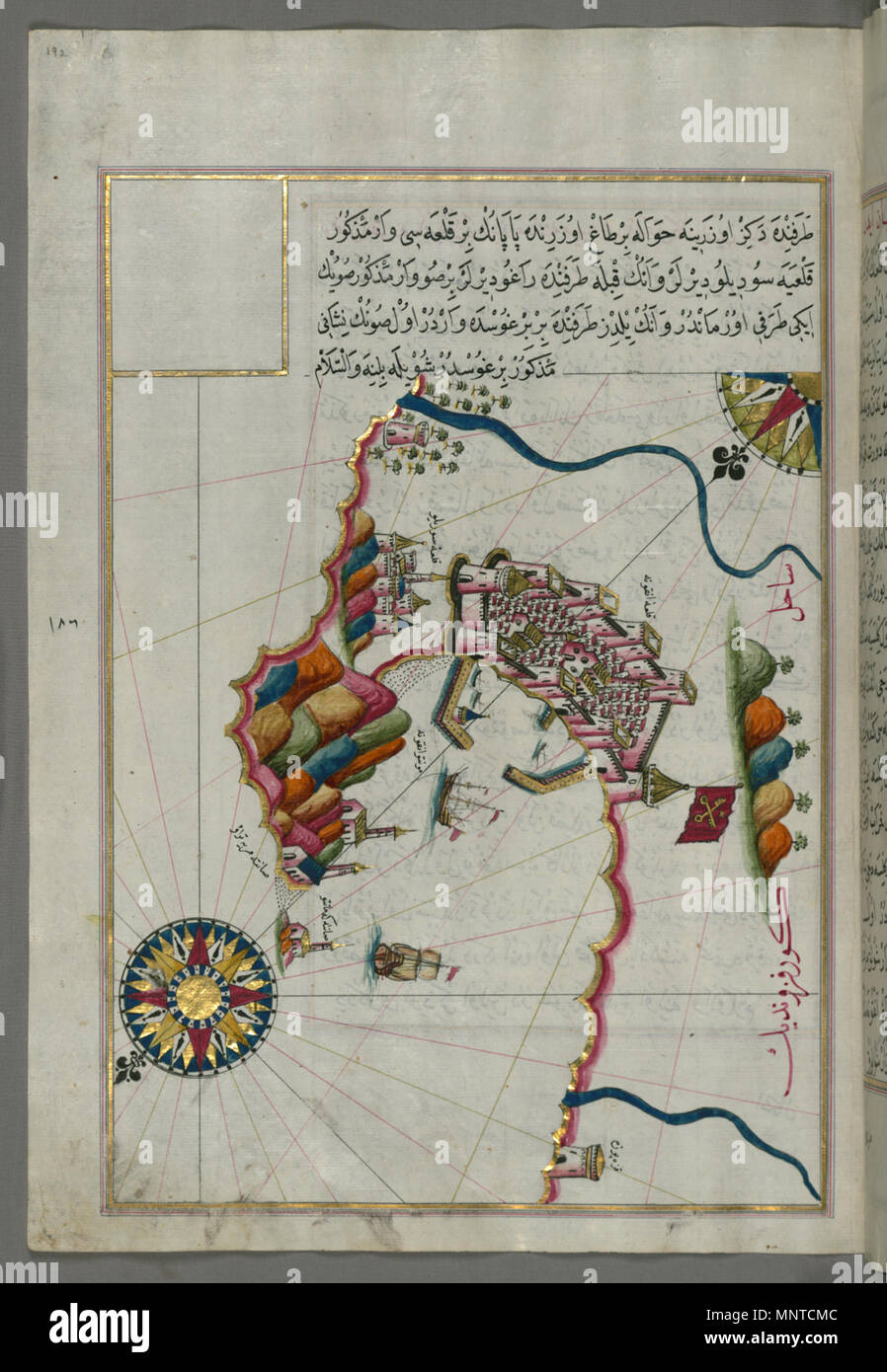 Piri Reis (Turco, 1465-1555). "Foglia dal libro sulla navigazione,' XVII - XVIII secolo. inchiostro, vernice e oro su carta. Walters Art Museum (W.658.192A): acquistato da Henry Walters. W.658.192un 1004 Piri Reis - Mappa della fortezza di Ancona e dintorni - Walters W658192A - Pagina completa Foto Stock