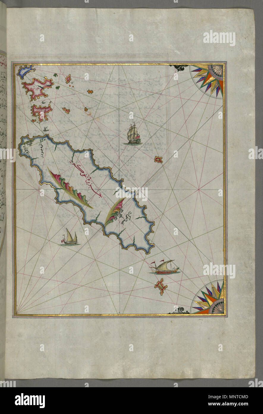 Piri Reis (Turco, 1465-1555). "Foglia dal libro sulla navigazione,' XVII - XVIII secolo. inchiostro, vernice e oro su carta. Walters Art Museum (W.658.83B): acquistato da Henry Walters. W.658.83b 1004 Piri Reis - Mappa dell'isola di Ikaria nella zona orientale del Mare Egeo - Walters W65883B - Pagina completa Foto Stock