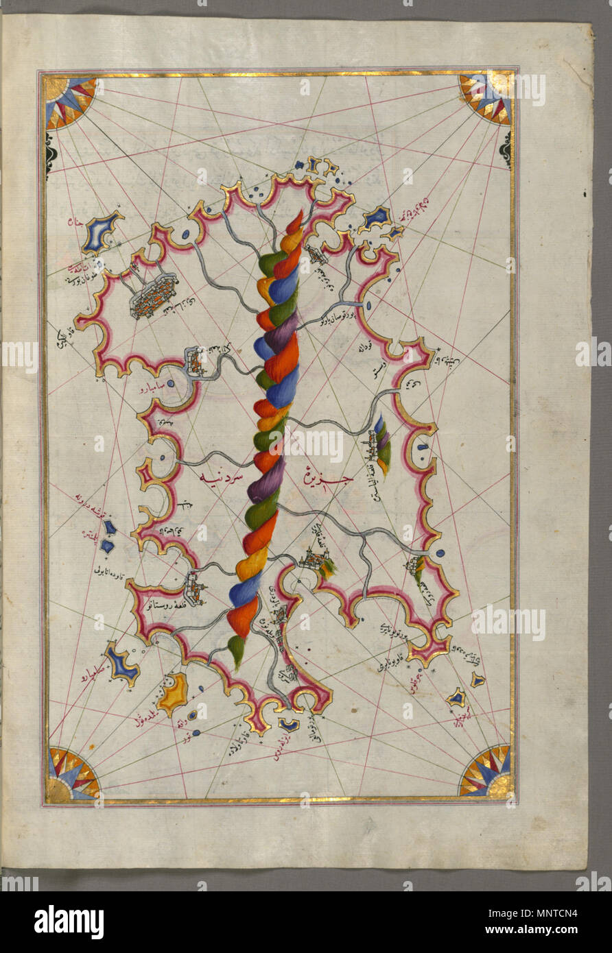 Piri Reis (Turco, 1465-1555). "Foglia dal libro sulla navigazione,' XVII - XVIII secolo. inchiostro, vernice e oro su carta. Walters Art Museum (W.658.226B): acquistato da Henry Walters. W.658.226b 1004 Piri Reis - Mappa dell'isola di Sardegna - Walters W658226B - Pagina completa Foto Stock
