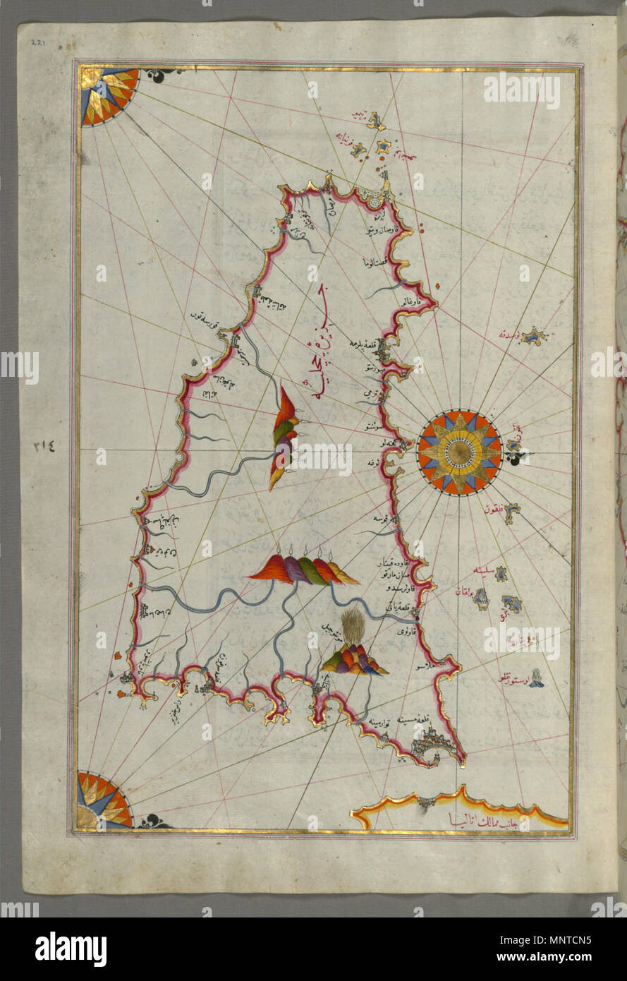 Piri Reis (Turco, 1465-1555). "Foglia dal libro sulla navigazione,' XVII - XVIII secolo. inchiostro, vernice e oro su carta. Walters Art Museum (W.658.221A): acquistato da Henry Walters. W.658.221un 1004 Piri Reis - Mappa dell'isola di Sicilia - Walters W658221A - Pagina completa Foto Stock
