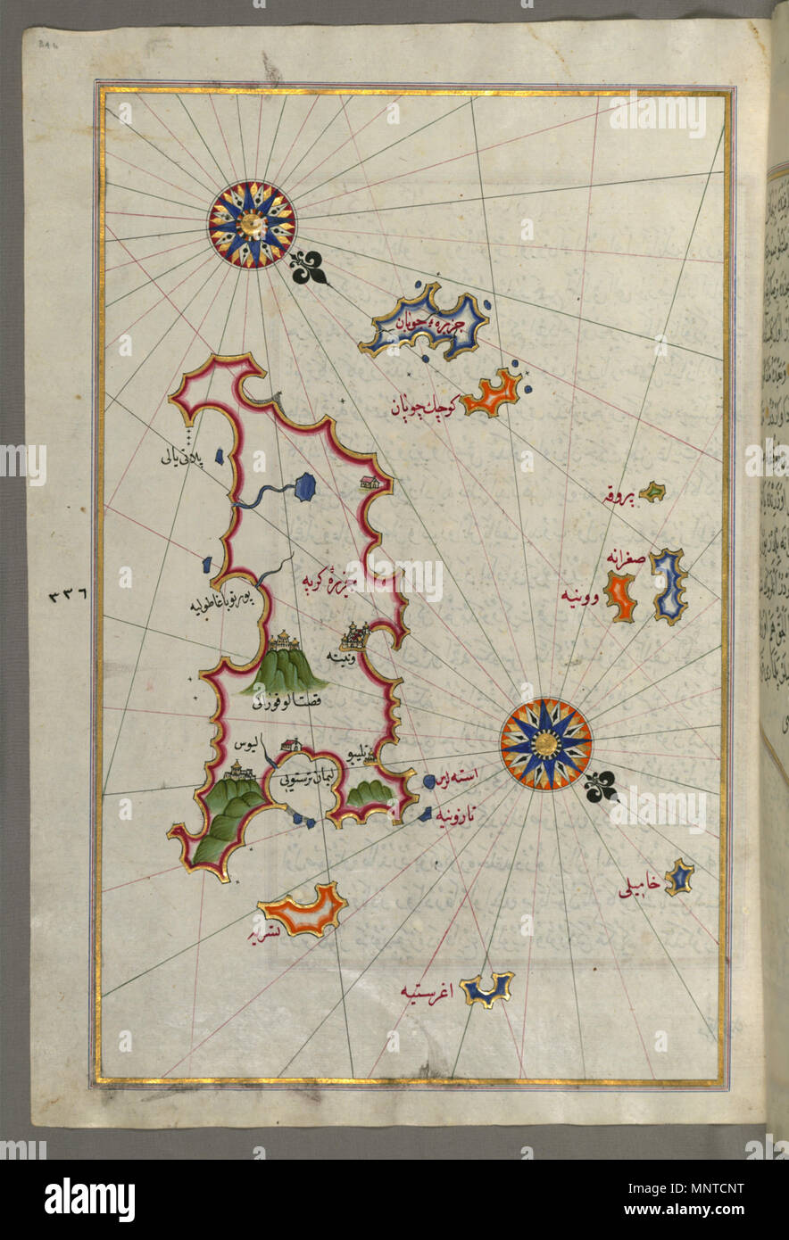 Piri Reis (Turco, 1465-1555). "Foglia dal libro sulla navigazione,' XVII - XVIII secolo. inchiostro, vernice e oro su carta. Walters Art Museum (W.658.346A): acquistato da Henry Walters. W.658.346un 1004 Piri Reis - Mappa delle Isole di Karpathos e Kasos - Walters W658346A - Pagina completa Foto Stock