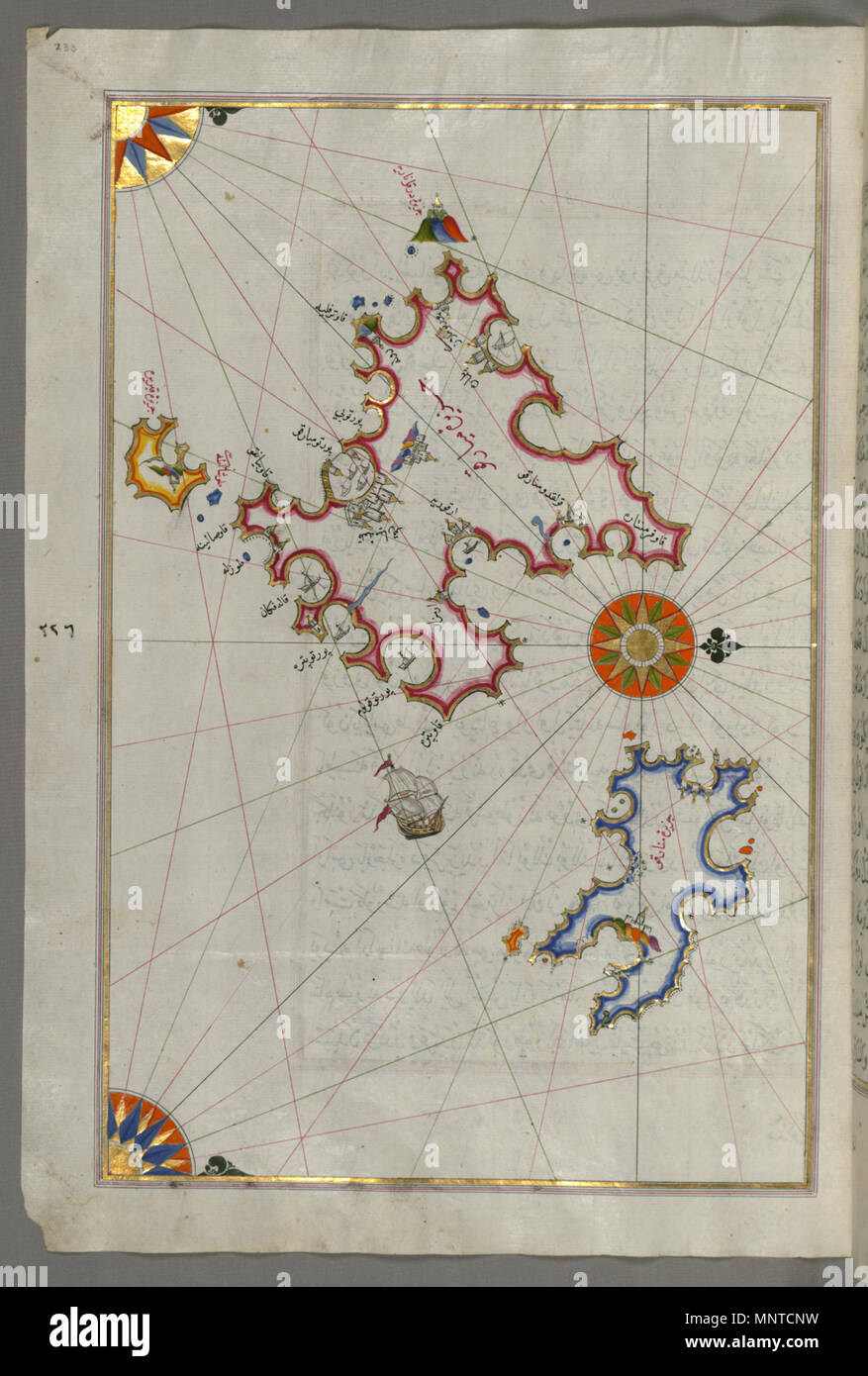 Piri Reis (Turco, 1465-1555). "Foglia dal libro sulla navigazione,' XVII - XVIII secolo. inchiostro, vernice e oro su carta. Walters Art Museum (W.658.233A): acquistato da Henry Walters. W.658.233un 1004 Piri Reis - Mappa delle Isole di Mojorca e Minorca - Walters W658233A - Pagina completa Foto Stock