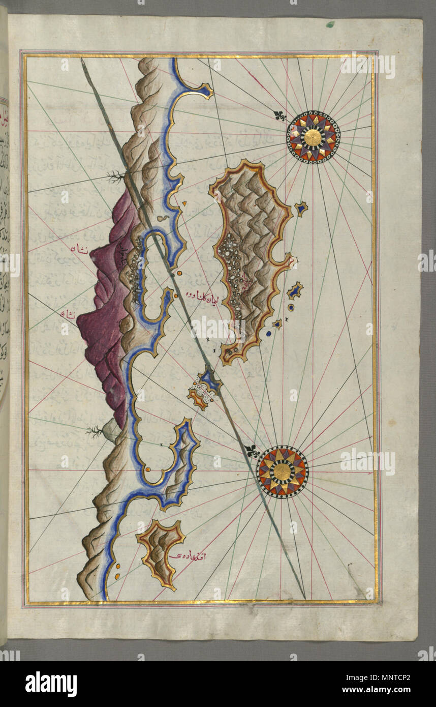 Piri Reis (Turco, 1465-1555). "Foglia dal libro sulla navigazione,' XVII - XVIII secolo. inchiostro, vernice e oro su carta. Walters Art Museum (W.658.337B): acquistato da Henry Walters. W.658.337b 1004 Piri Reis - Mappa delle isole lungo le coste di Finike - Walters W658337B - Pagina completa Foto Stock