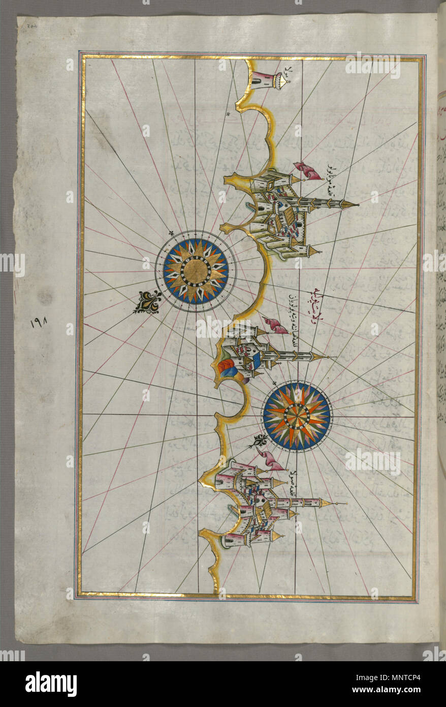 Piri Reis (Turco, 1465-1555). "Foglia dal libro sulla navigazione,' XVII - XVIII secolo. inchiostro, vernice e oro su carta. Walters Art Museum (W.658.204A): acquistato da Henry Walters. W.658.204un 1004 Piri Reis - Mappa della costa italiana intorno a Monopoli, a sud di Bari - Walters W658204A - Pagina completa Foto Stock