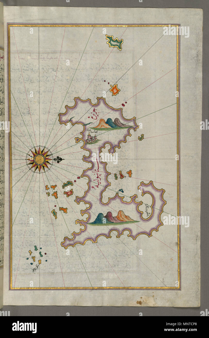 Piri Reis (Turco, 1465-1555). "Foglia dal libro sulla navigazione,' XVII - XVIII secolo. inchiostro, vernice e oro su carta. Walters Art Museum (W.658.344B): acquistato da Henry Walters. W.658.344b 1004 Piri Reis - Mappa dell'isola di Istanbul - Walters W658344B - Pagina completa Foto Stock