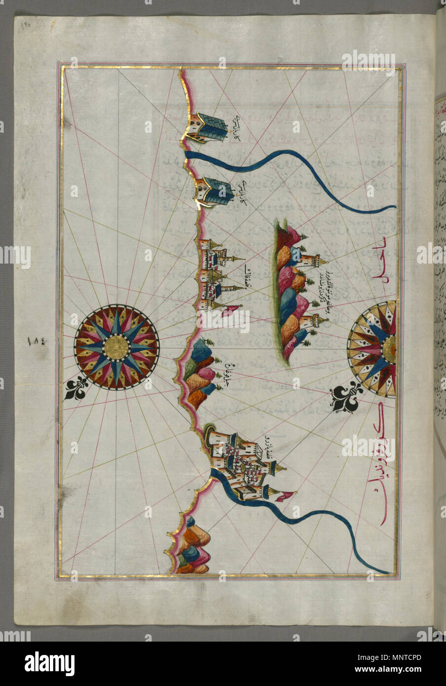 Piri Reis (Turco, 1465-1555). "Foglia dal libro sulla navigazione,' XVII - XVIII secolo. inchiostro, vernice e oro su carta. Walters Art Museum (W.658.190A): acquistato da Henry Walters. W.658.190un 1004 Piri Reis - Mappa della costa italiana da Pesaro Sud - Walters W658190A - Pagina completa Foto Stock