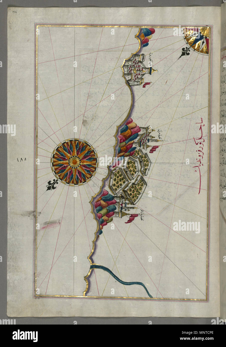 Piri Reis (Turco, 1465-1555). "Foglia dal libro sulla navigazione,' XVII - XVIII secolo. inchiostro, vernice e oro su carta. Walters Art Museum (W.658.194A): acquistato da Henry Walters. W.658.194un 1004 Piri Reis - Mappa della costa italiana a sud di Ancona compresi Tronto ( ) - Walters W658194A - Pagina completa Foto Stock