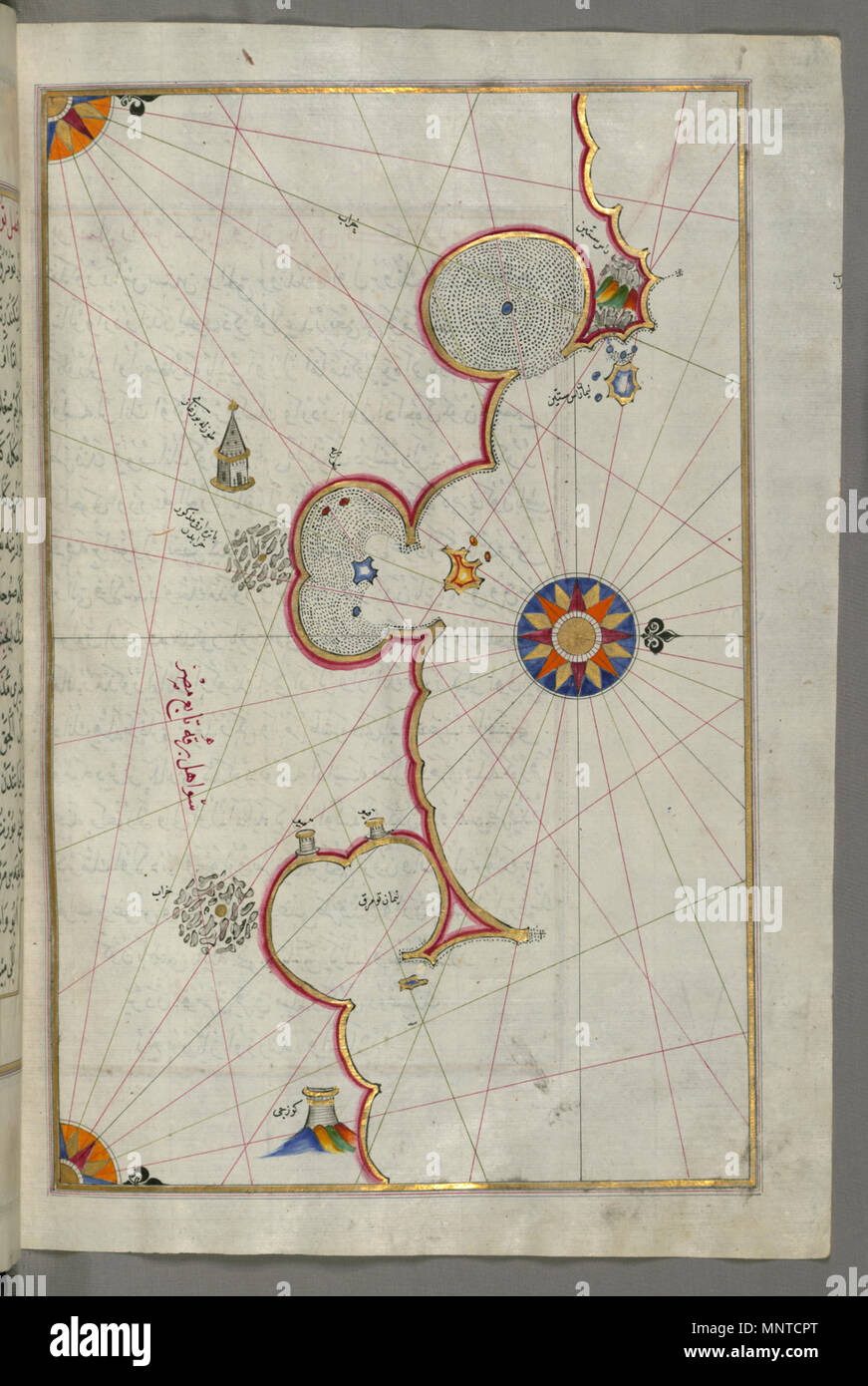 Piri Reis (Turco, 1465-1555). "Foglia dal libro sulla navigazione,' XVII - XVIII secolo. inchiostro, vernice e oro su carta. Walters Art Museum (W.658.295B): acquistato da Henry Walters. W.658.295b 1004 Piri Reis - Mappa della costa libica verso il confine egiziano - Walters W658295B - Pagina completa Foto Stock