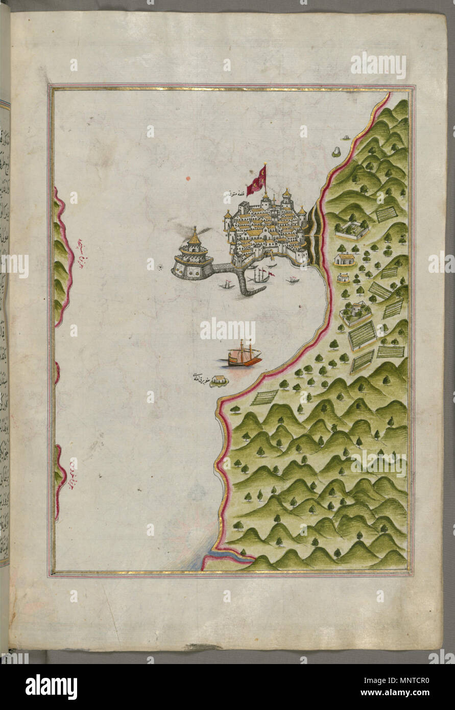 Piri Reis (Turco, 1465-1555). "Foglia dal libro sulla navigazione,' XVII - XVIII secolo. inchiostro, vernice e oro su carta. Walters Art Museum (W.658.130B): acquistato da Henry Walters. W.658.130b 1004 Piri Reis - Mappa della Methana fortezza nel Saronikos Bay - Walters W658130B - Pagina completa Foto Stock