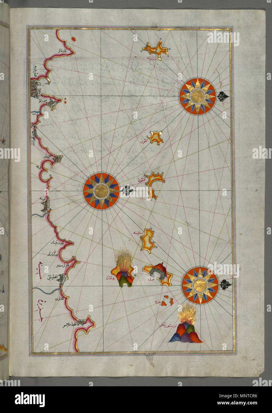 Piri Reis (Turco, 1465-1555). "Foglia dal libro sulla navigazione,' XVII - XVIII secolo. inchiostro, vernice e oro su carta. Walters Art Museum (W.658.220B): acquistato da Henry Walters. W.658.220b 1004 Piri Reis - Mappa della costa settentrionale della Sicilia Da Milazzo a Palermo - Walters W658220B - Pagina completa Foto Stock