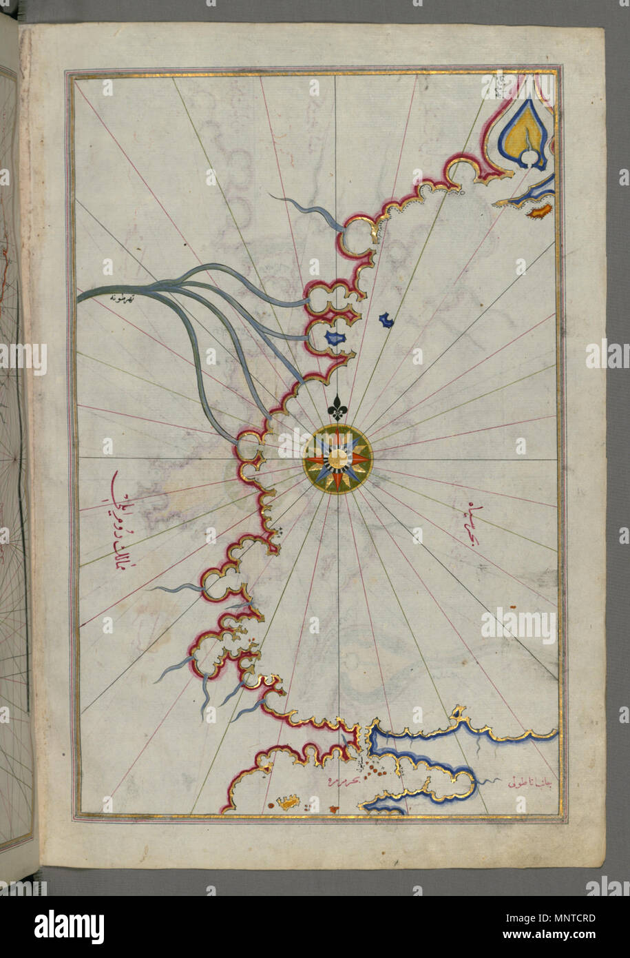 Piri Reis (Turco, 1465-1555). "Foglia dal libro sulla navigazione,' XVII - XVIII secolo. inchiostro, vernice e oro su carta. Walters Art Museum (W.658.372B): acquistato da Henry Walters. W.658.372b 1004 Piri Reis - Mappa del Mare di Marmara, Bosforo stretto e il Mar Nero - Walters W658372B - Pagina completa Foto Stock